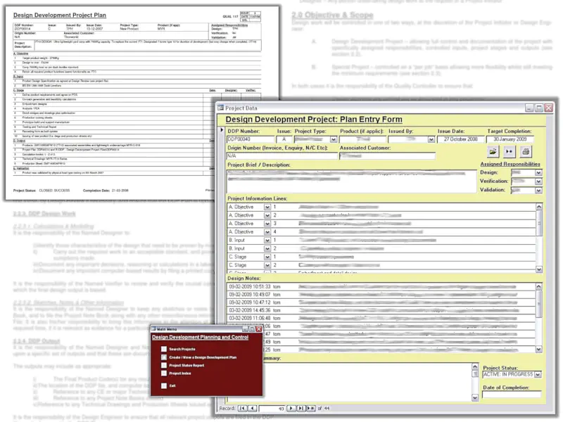 Example records from the design control system