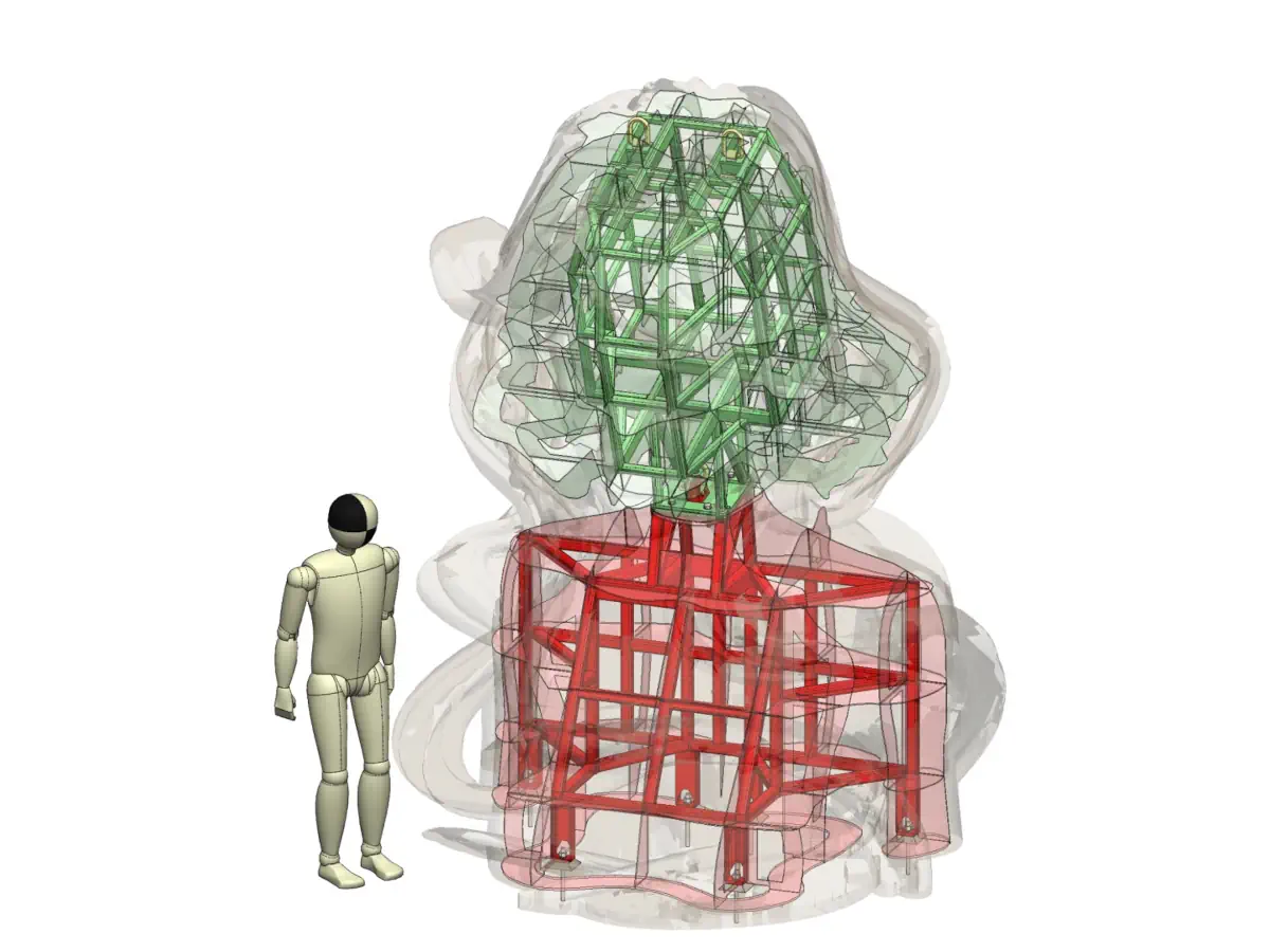 The underlying support frame developed for this job, overlaid with the reinforced concrete sculpture.